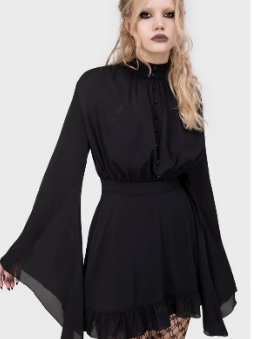 Black Long-Sleeve Chiffon Mini Dress with Flared Sleeves
